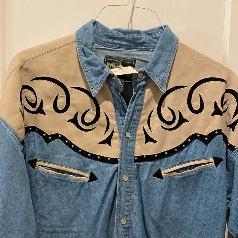 Rivergold Ladies Denim and Suede Snap Button‎ Long Sleeve Shirt.  Size Large. - Picture 2 of 9